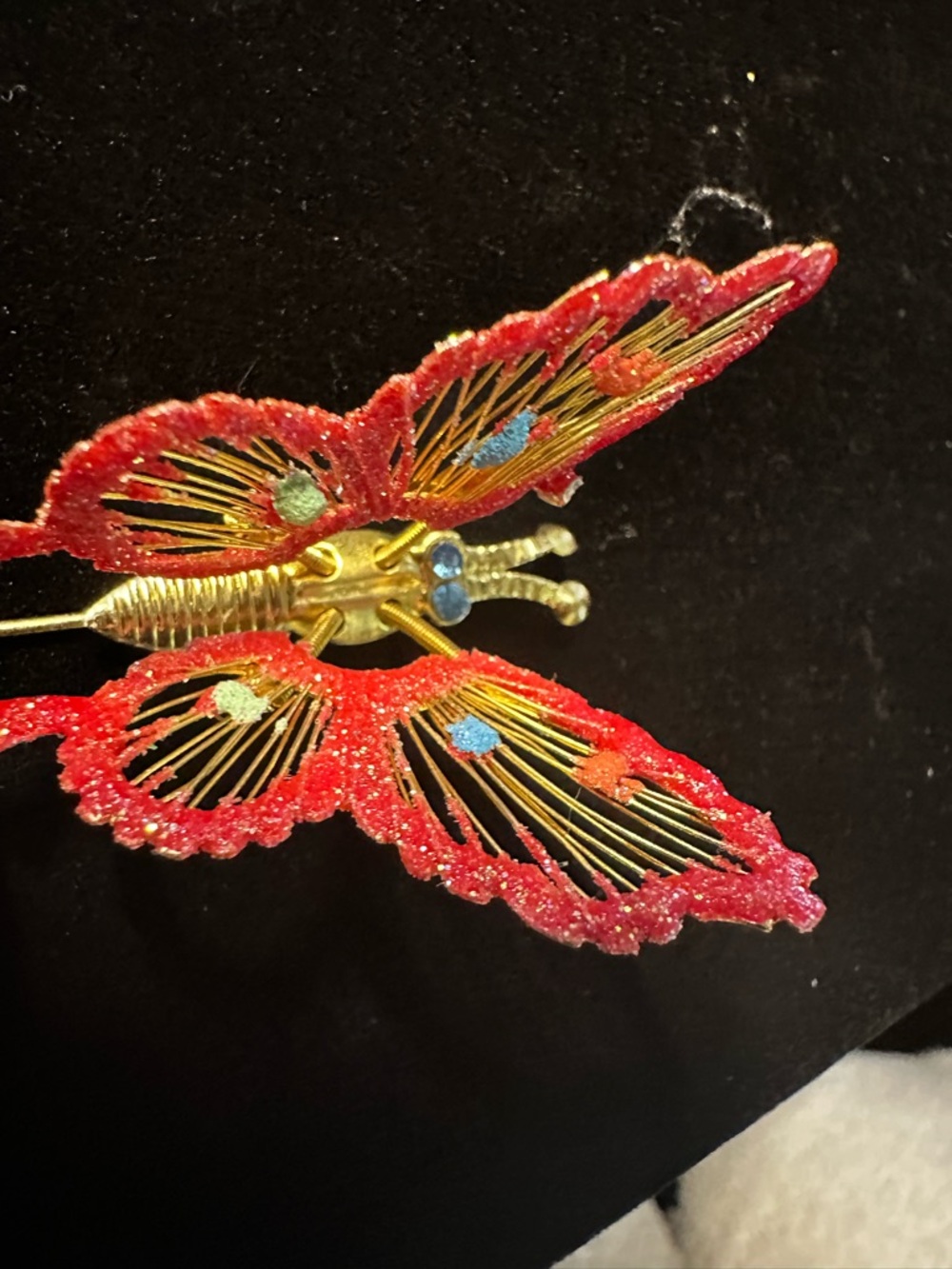 Vintage Red Glitter Butterfly Brooch with Gold Accents - Picture 5 of 13